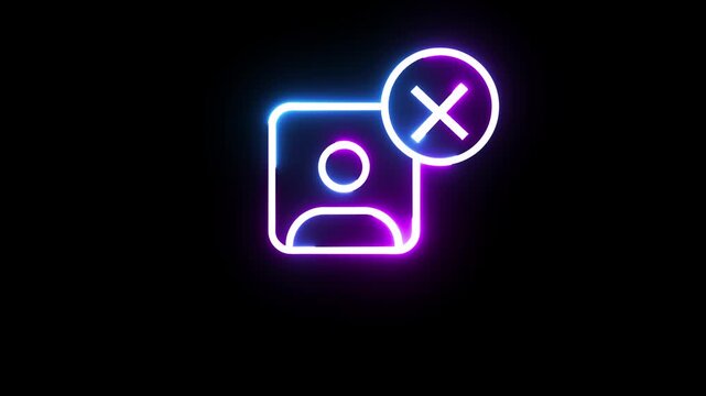 Neon user delete icon glows with flickering blue and purple light over black background.