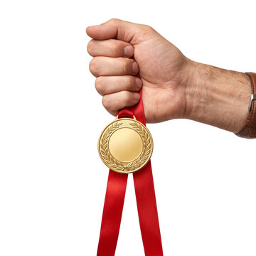 Hand Holding Gold Medal with Red Ribbon, Isolated