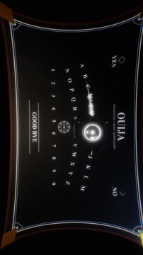 Vertical dark curved spirit board with radiant planchette moving across mystic symbols in a 3D animation