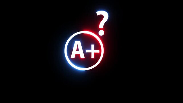 A plus grade icon glowing neon sign floating on black background digital animation loop.