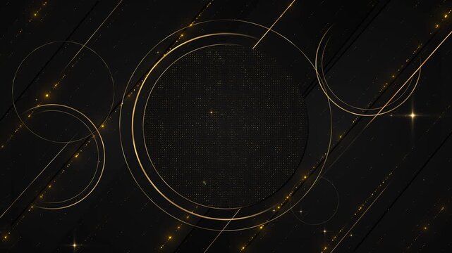 Elegant gold circles, metallic lines, sparkling accents panel premium geometric composition. luxury branding, jewelry advertising, award titles, product showcases, invitations, corporate presentations