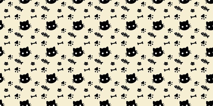 ​Seamless black cat pattern with fish bones, bones, and paw prints on a light cream background.