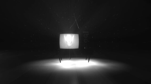 Vintage television set displays a glowing white abstract skull silhouette with floating digital particles in a dark monochrome horizontal 3D animation