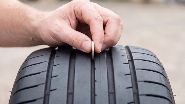 Hand inserting a coin into the main groove of a car tyre to check tread depth