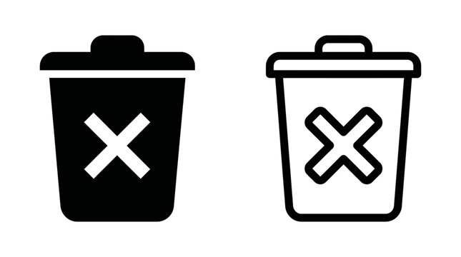 Set of trash bin icons with cross mark for delete and remove