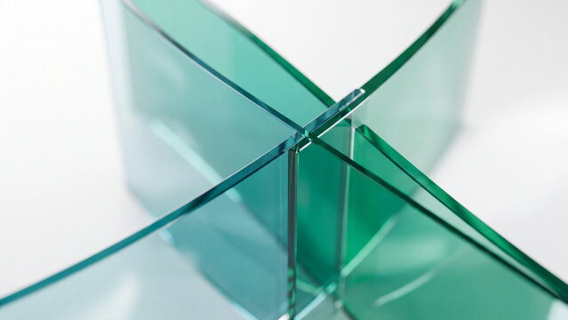 Glass panels interlock in bright light, showing smooth jade textures and emerald reflections.
