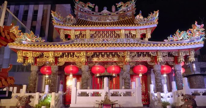 Kuan Ti Miao Temple Illuminated at Night in Yokohama Chinatown, Japan
