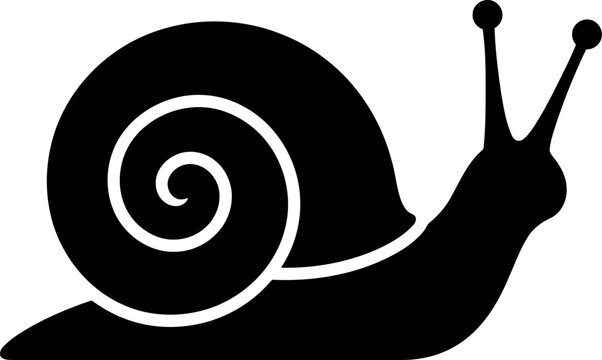 Snail silhouette with spiral shell and tentacles icon on grey grid.