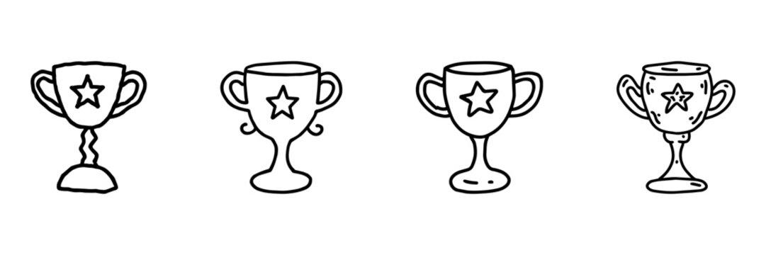 Trophy Cup Hand Drawn Doodle Icon Set. Award, Winner, Achievement And Competition Sketch Symbol Collection. Sports And Recognition. Isolated Vector Illustration