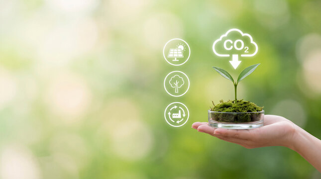 Hand holding small plant sprout with CO2 reduction and renewable energy icons