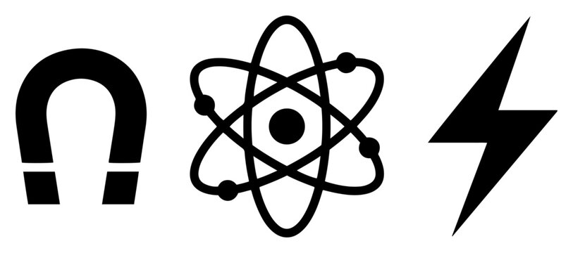 Physics and energy icons featuring magnet atom and lightning silhouettes