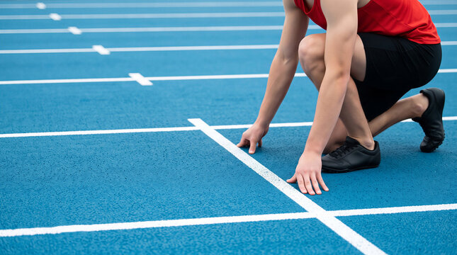 Runner in starting position on blue running track ready for race at outdoor stadium