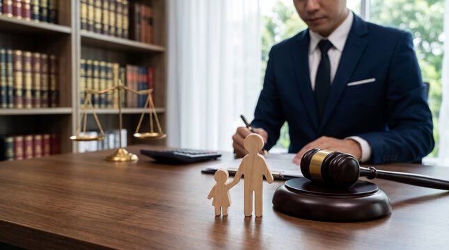 Family law concept with wooden figures and judge gavel on desk. Professional lawyer working on divorce or child custody case in office with law books.
