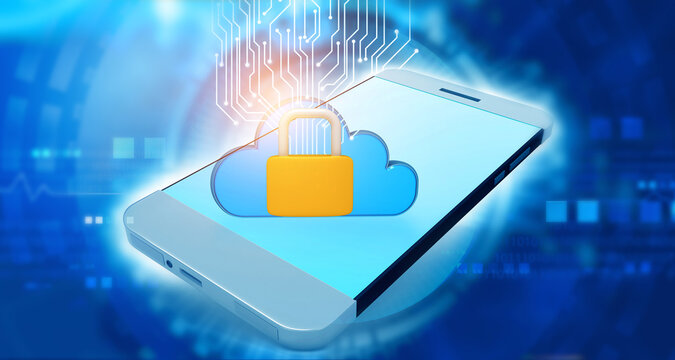 Secure cloud computing icon and padlock glowing over a smartphone on a digital data background.