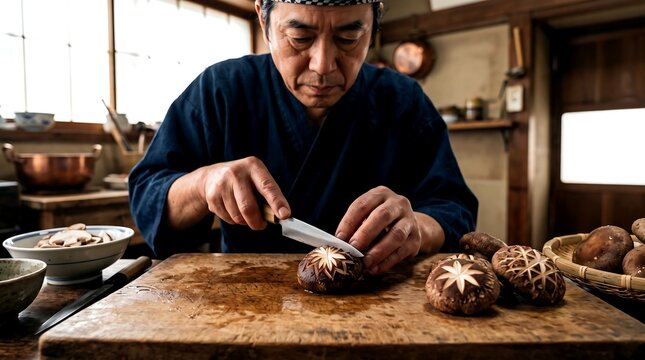 Japanese chef carefully scoring and cutting fresh shiitake mushrooms into decorative cross-hatch and flower patterns. Precise knife work 