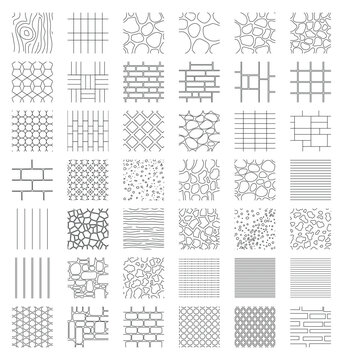 Set of various seamless patterns and textures including wood grain, brickwork, grid lines, stone masonry, and geometric shapes isolated on white background