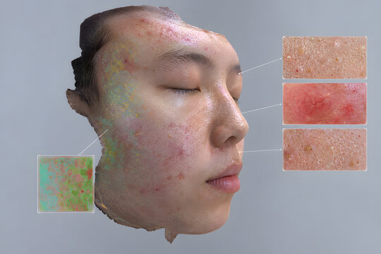 3D facial scan with magnified skin callouts showing acne pustules, enlarged pores and redness mapping