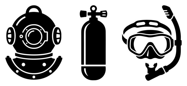 Scuba diving equipment set with vintage helmet oxygen tank and snorkel mask silhouette style