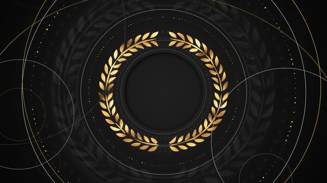 Gold laurel wreath surrounds a dark circular award winner titles, achievement badges, film festivals, sports honors, certification reveals, anniversary branding, premium brands, prestigious ceremony