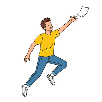 Young man jumping to catch a flying sheet of paper with office work