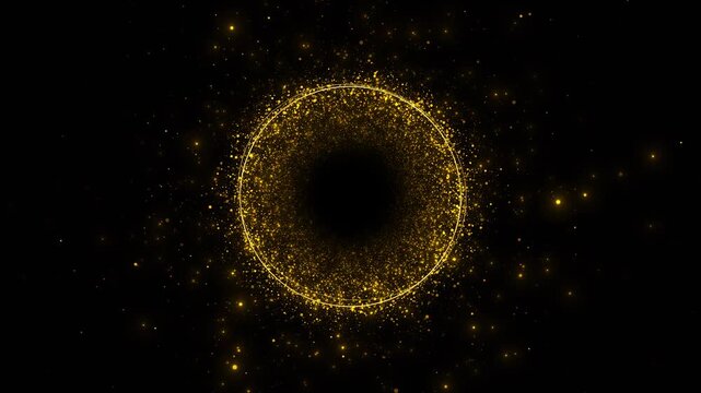 Golden glitter particles form a luminous circular frame center for text or logos. luxury branding, award titles, festive invitations, product reveals, anniversary promos, gala events, premium motion