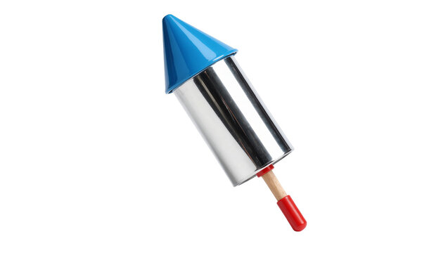 Shiny silver rocket popsicle with blue tip and red handle, isolated on transparent background