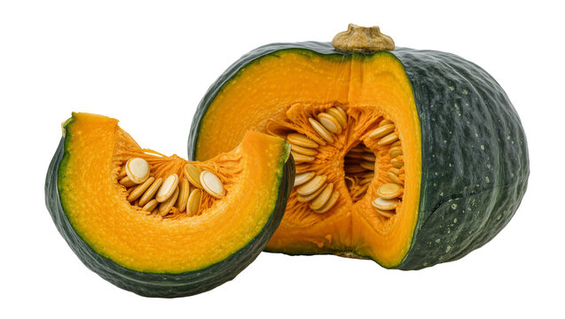 Dark green kabocha squash cut in half with seeds, isolated on transparent background