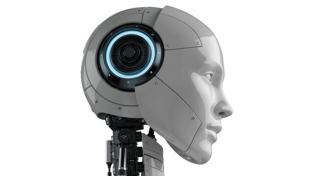 Humanoid robot head with glowing blue eye, isolated on transparent background