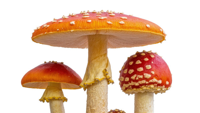 Group of red and orange Amanita muscaria mushrooms with white spots, isolated on transparent background
