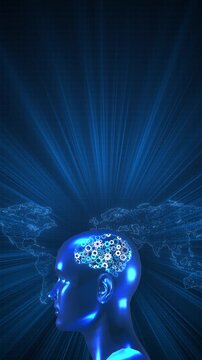 Blue cyber head interlocking cogs intelligence, connected thinking, advanced computing. AI presentations, neural networks, robotics analytics, education, enterprise strategy, science future technology