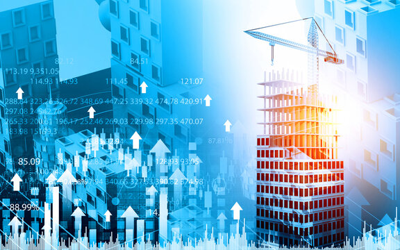 City skyline construction with cranes overlaying a rising financial growth chart on a business background.
