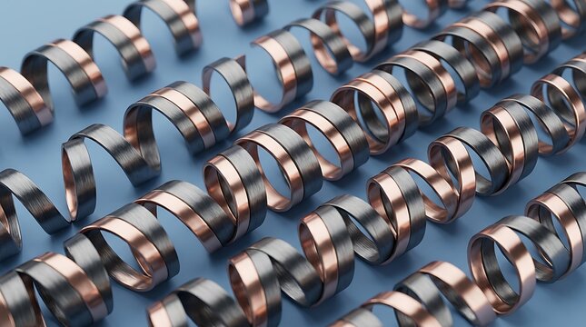 Rows of metallic spiral shavings made of copper and iron on a blue surface