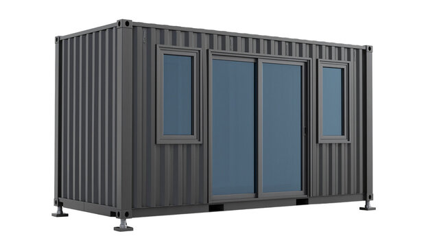 Modern grey shipping container office with sliding glass doors, isolated on transparent background
