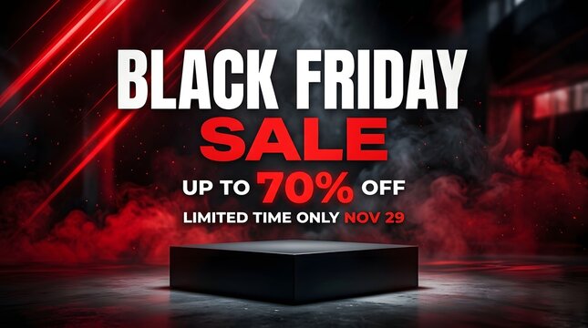 Black friday sale promotional banner with a dark empty product display podium, red smoke and lighting effects