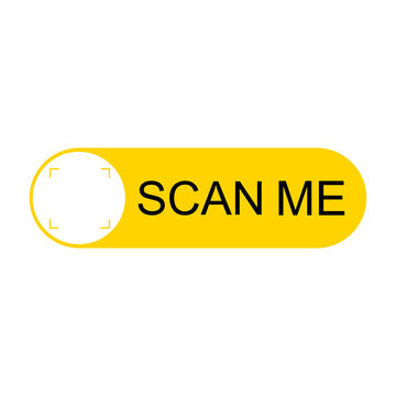 Yellow pill shaped button with scan me text and round camera frame for web mobile apps on transparent background.
