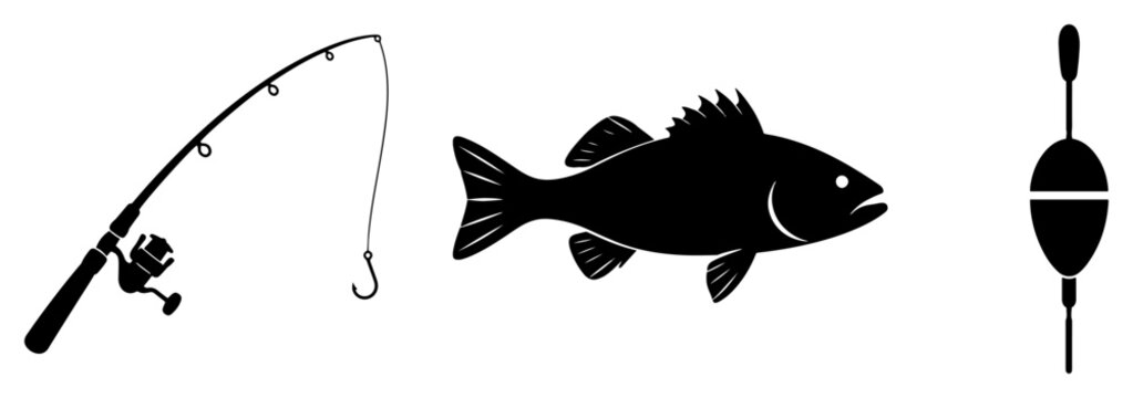 Fishing equipment icons with rod fish and float in minimalist black silhouette style