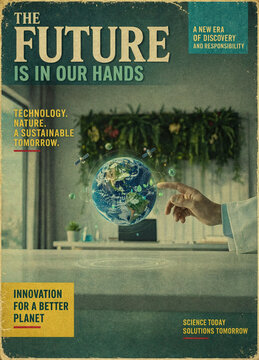 Vintage graphic poster design template with earth globe held in hand for eco technology concept