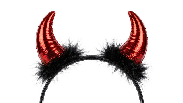 Shiny red devil horns with black fur trim, isolated on transparent background