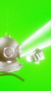 Vertical frame of an antique diving helmet casting a bright white light beam over a vibrant green screen in 3D