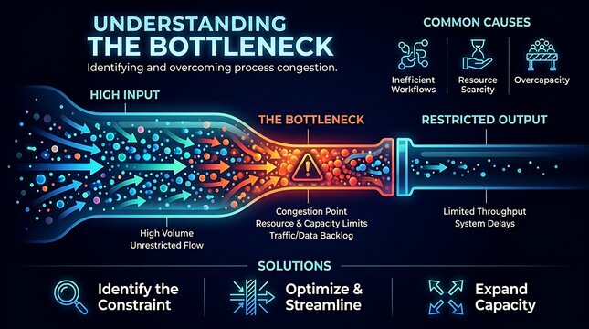 Business bottleneck infographic diagram, process congestion and workflow optimization concept, system throughput analysis chart