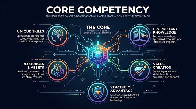 Core competency business infographic, strategic advantage and unique skills diagram, organizational excellence and proprietary knowledge concept