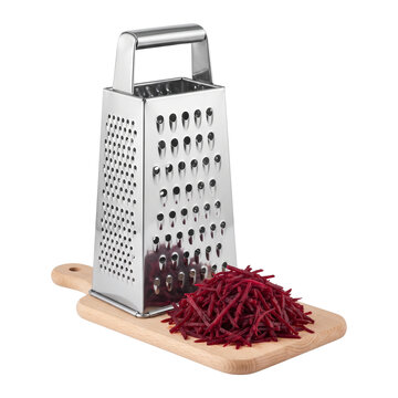 Stainless Steel Box Grater with Shredded Beets on Wooden Cutting Board