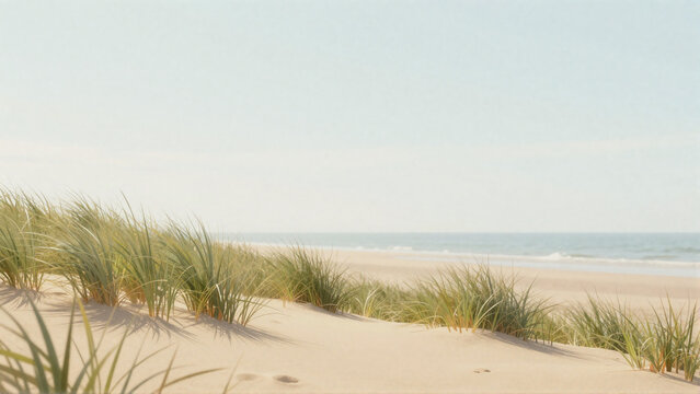 Dune grass coastline landscape background with sandy slope and pale sea horizon