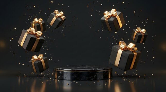 3d render of a marble podium surrounded by floating black gift boxes with gold ribbons and confetti on a dark background for luxury product presentation