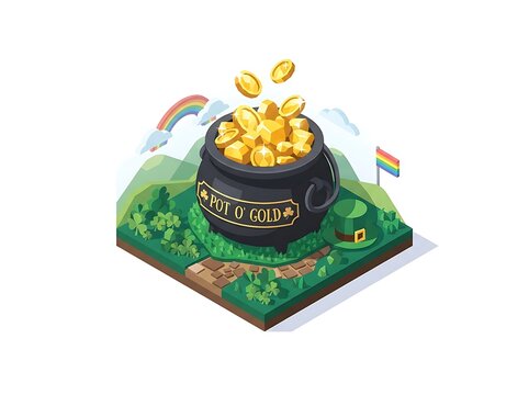 Pot of gold with coins and rainbow in a landscape