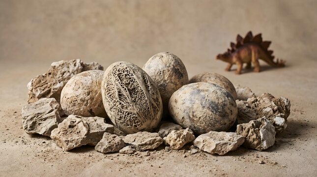 Prehistoric Fossilized Dinosaur Eggs Arranged in a Rocky Nesting Ground