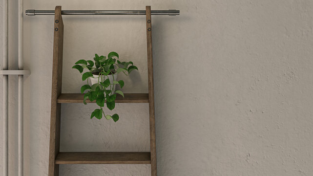 A modern minimalist interior featuring a rustic wooden ladder shelf leaning against a textured plaster wall, decorated with a cascading potted green plant. This image is a 3D rendering of an interior 