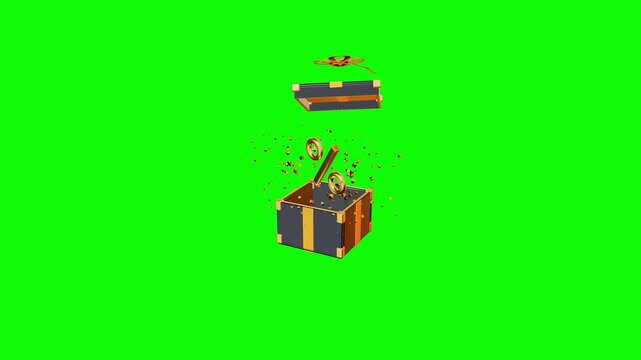 Opening gift box reveals floating golden percentage sign with exploding particles isolated on green screen in 3D
