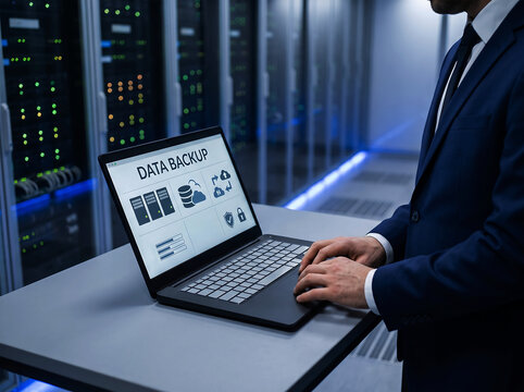 Businessman working on laptop with data backup interface displaying servers, cloud, and security icons in a data center.