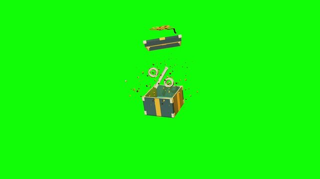 Exploding dark gift box reveals shiny golden percentage sign with confetti isolated over green screen in 3D render